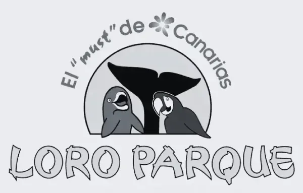 Loro Parque logo with two parrots and the text “El lugar de Canarias”