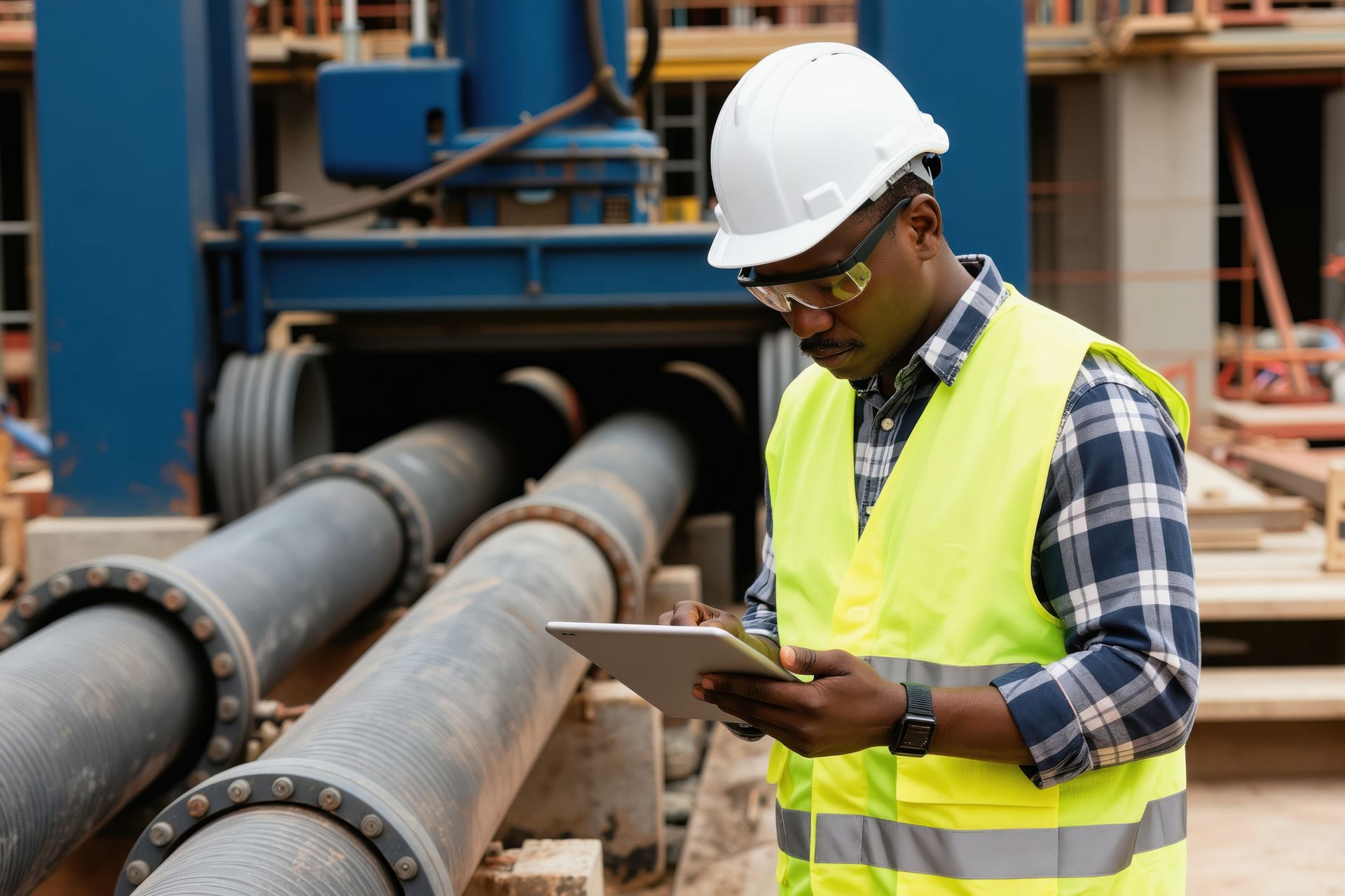 Un ouvrier du bâtiment, casqué et vêtu d'un gilet fluo, examine des plans à côté de gros tuyaux sur un chantier.