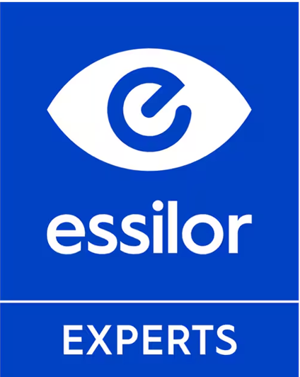 Logo Essilor sur fond bleu avec icône d'œil blanc