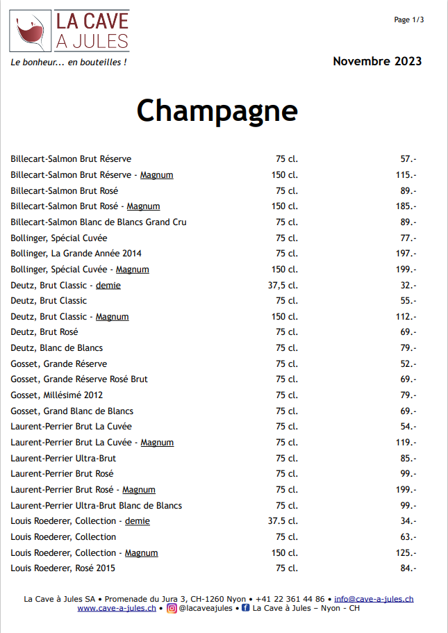 Retrouvez toute la gamme des champagnes, mousseux et prosecco disponibles à La Cave à Jules, votre caviste à Nyon