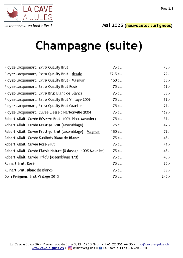 Retrouvez toute la gamme des champagnes, mousseux et prosecco disponibles à La Cave à Jules, votre caviste à Nyon Retrouvez toute la gamme des champagnes, mousseux et prosecco disponibles à La Cave à Jules, votre caviste à Nyon