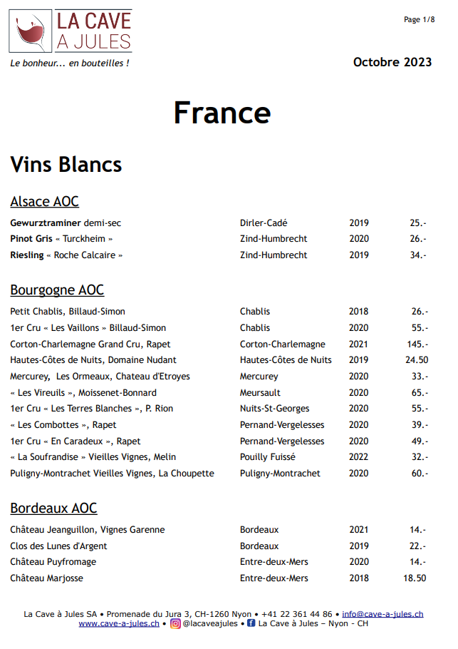 Liste des vins français - La cave à Jules