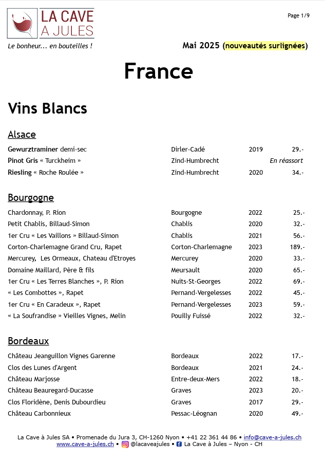 Liste des vins français - La cave à Jules