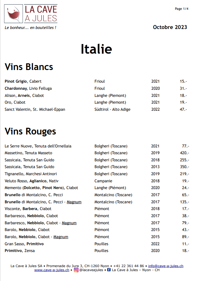 Liste de vins d'Italie - La Cave à Jules