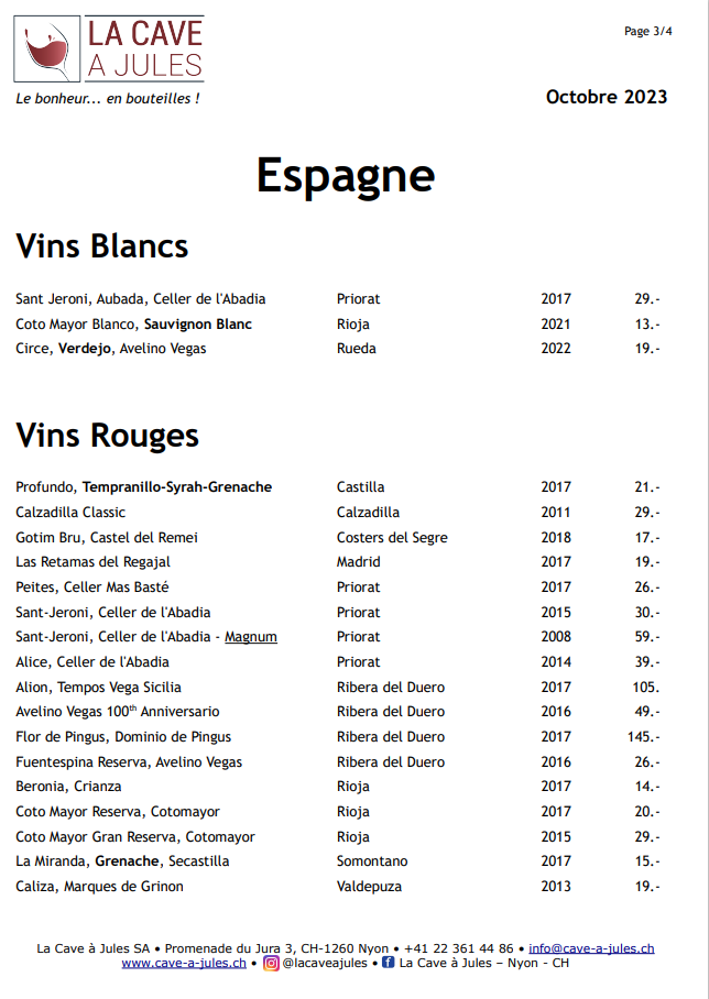 Liste de vins d'Espagne - La Cave à Jules