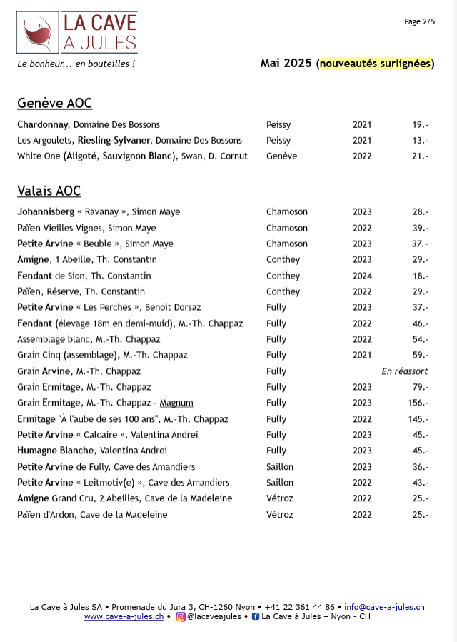 Ma sélection de vins Suisses : Domaines des Bossons, Swan Wine by Didier Cornut, Cave de la Charrue, Château de Crans, Cave Philippe Bovet, Domaine de Chantegrive, Cave Le Satyre, Domaine La Capitaine, Cave de la Rose d’Or, Domaine de la Colombe, Les Dames de Hautecour, Domaine de la Maison Blanche, Domaine Antoine Bovard, Bernard Cavé, Weingut Fromm, Guido Brivio, Cave de la Madeleine, Thierry Constantin, Domaines des Ruinettes – Serge Roh, Simon Maye et Fils, Gérald Besse, Marie-Thérèse Chappaz Retrouvez toute la gamme des vins Suisses disponibles à La Cave à Jules, votre caviste à Nyon