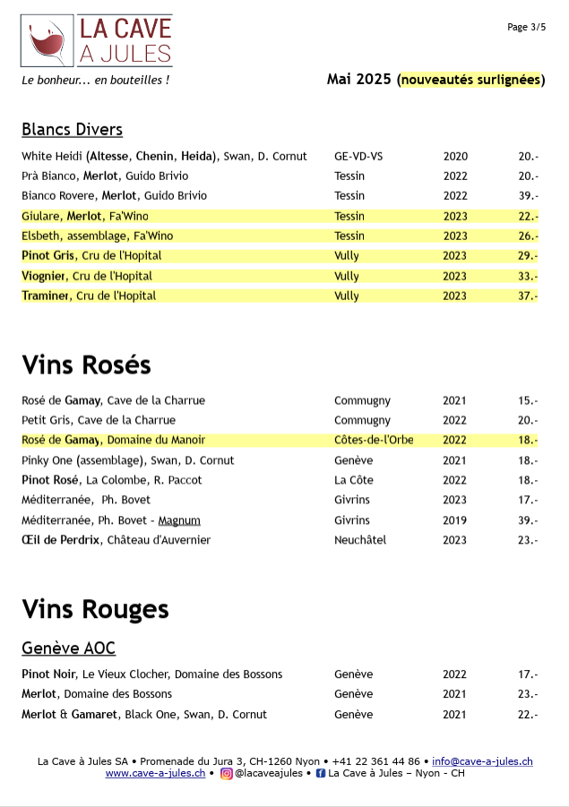 Ma sélection de vins Suisses : Domaines des Bossons, Swan Wine by Didier Cornut, Cave de la Charrue, Château de Crans, Cave Philippe Bovet, Domaine de Chantegrive, Cave Le Satyre, Domaine La Capitaine, Cave de la Rose d’Or, Domaine de la Colombe, Les Dames de Hautecour, Domaine de la Maison Blanche, Domaine Antoine Bovard, Bernard Cavé, Weingut Fromm, Guido Brivio, Cave de la Madeleine, Thierry Constantin, Domaines des Ruinettes – Serge Roh, Simon Maye et Fils, Gérald Besse, Marie-Thérèse Chappaz Retrouvez toute la gamme des vins Suisses disponibles à La Cave à Jules, votre caviste à Nyon
