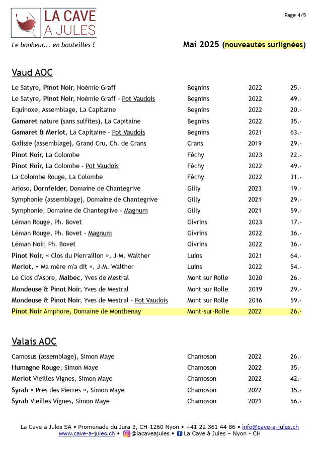 Ma sélection de vins Suisses : Domaines des Bossons, Swan Wine by Didier Cornut, Cave de la Charrue, Château de Crans, Cave Philippe Bovet, Domaine de Chantegrive, Cave Le Satyre, Domaine La Capitaine, Cave de la Rose d’Or, Domaine de la Colombe, Les Dames de Hautecour, Domaine de la Maison Blanche, Domaine Antoine Bovard, Bernard Cavé, Weingut Fromm, Guido Brivio, Cave de la Madeleine, Thierry Constantin, Domaines des Ruinettes – Serge Roh, Simon Maye et Fils, Gérald Besse, Marie-Thérèse Chappaz Retrouvez toute la gamme des vins Suisses disponibles à La Cave à Jules, votre caviste à Nyon
