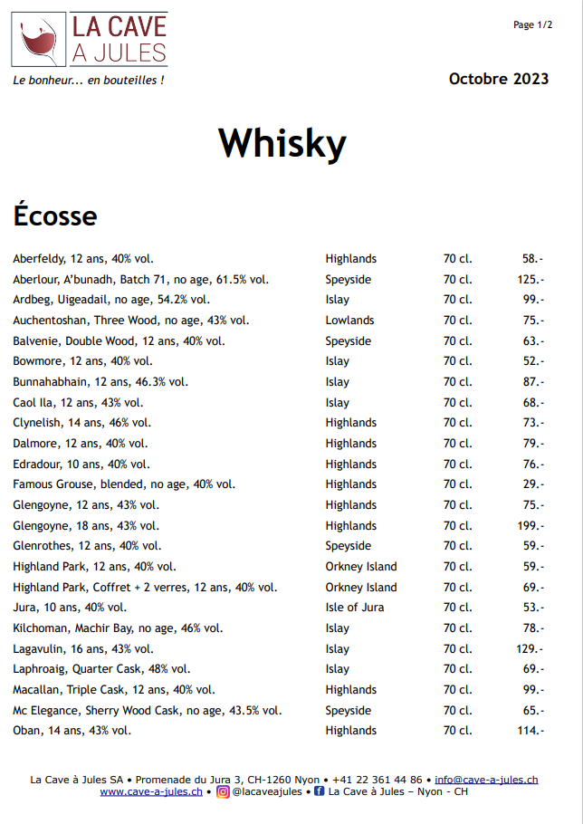 Liste de Whisky - La Cave à Jules