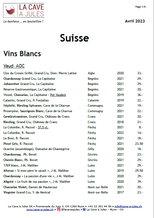Retrouvez toute la gamme des vins Suisses disponibles à La Cave à Jules, votre caviste à Nyon