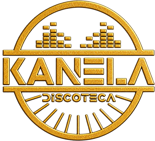 Logotipo circular dorado con la inscripción “KANELA Discoteca”, barras ecualizadoras estilizadas en la parte superior y líneas en forma de rayos de sol en la parte inferior.