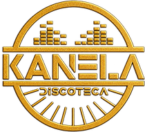 Logotipo circular dorado con la inscripci&oacute;n &ldquo;KANELA Discoteca&rdquo;, barras ecualizadoras estilizadas en la parte superior y l&iacute;neas en forma de rayos de sol en la parte inferior.