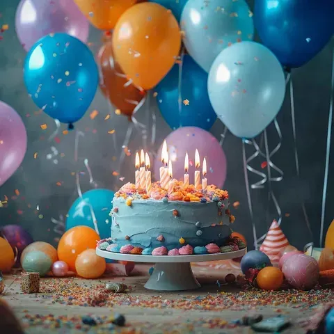 Un pastel de cumpleaños con velas está rodeado de globos y confeti.
