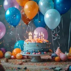 Un pastel de cumpleaños con velas está rodeado de globos y confeti.