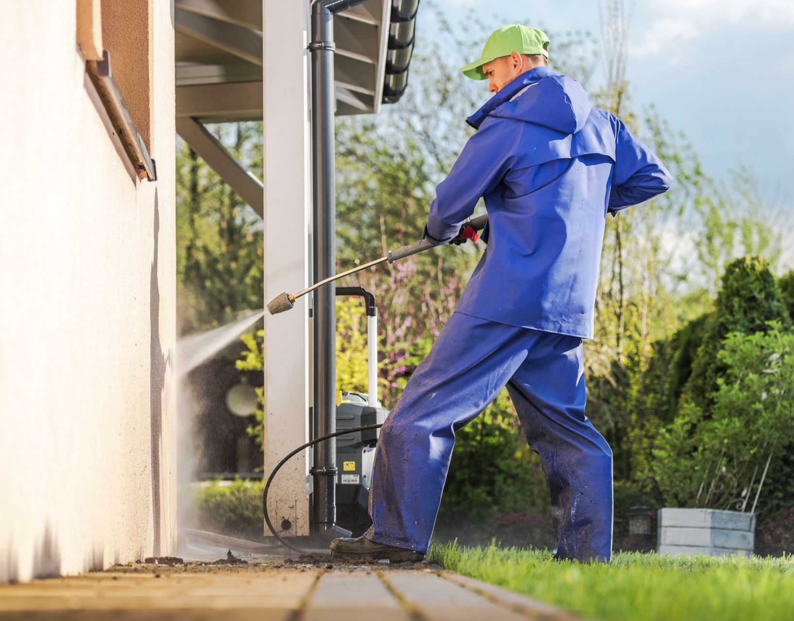 Une personne nettoie l'extérieur d'une maison au jet d'eau. Combinaison de protection bleue, casquette verte, pulvérisation d'eau. Extérieur.