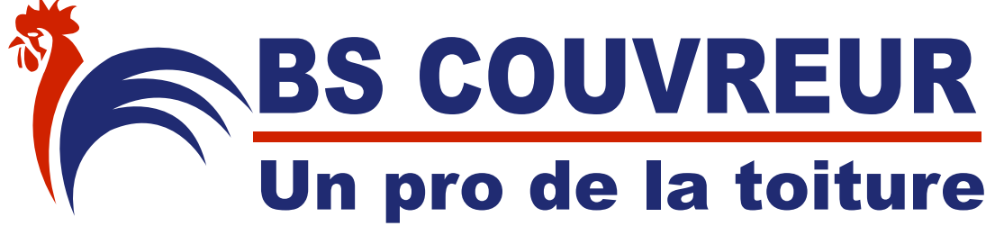Logo de B&acirc;timent BSC, entreprise de toiture. Compos&eacute; d'un coq, d'un texte bleu soulign&eacute; de rouge et du slogan: Un pro de la toiture.