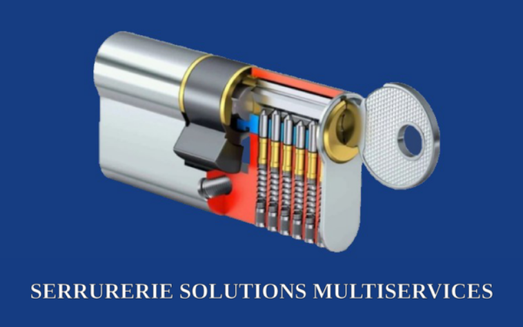 Coupe transversale d'un cylindre de serrure argenté avec clés et inscription « Serrurerie Solutions Multiservices »