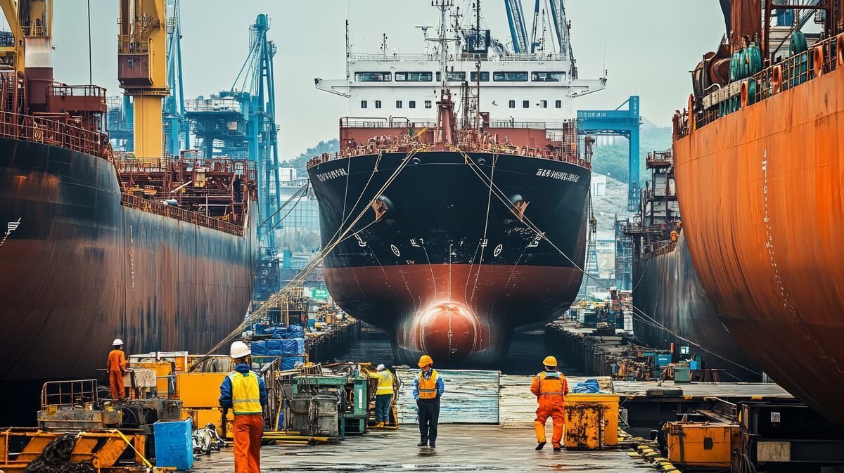 In einer Werft wird ein großes Schiff gebaut.