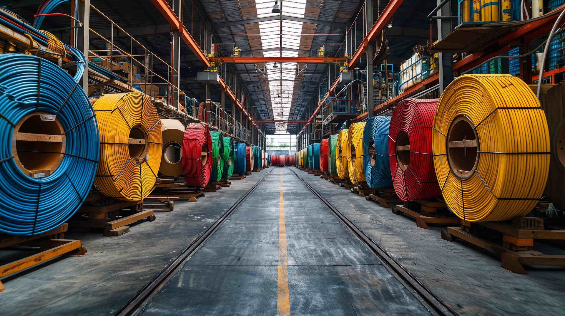 Eine Lagerhalle voller bunter Metallrollen.