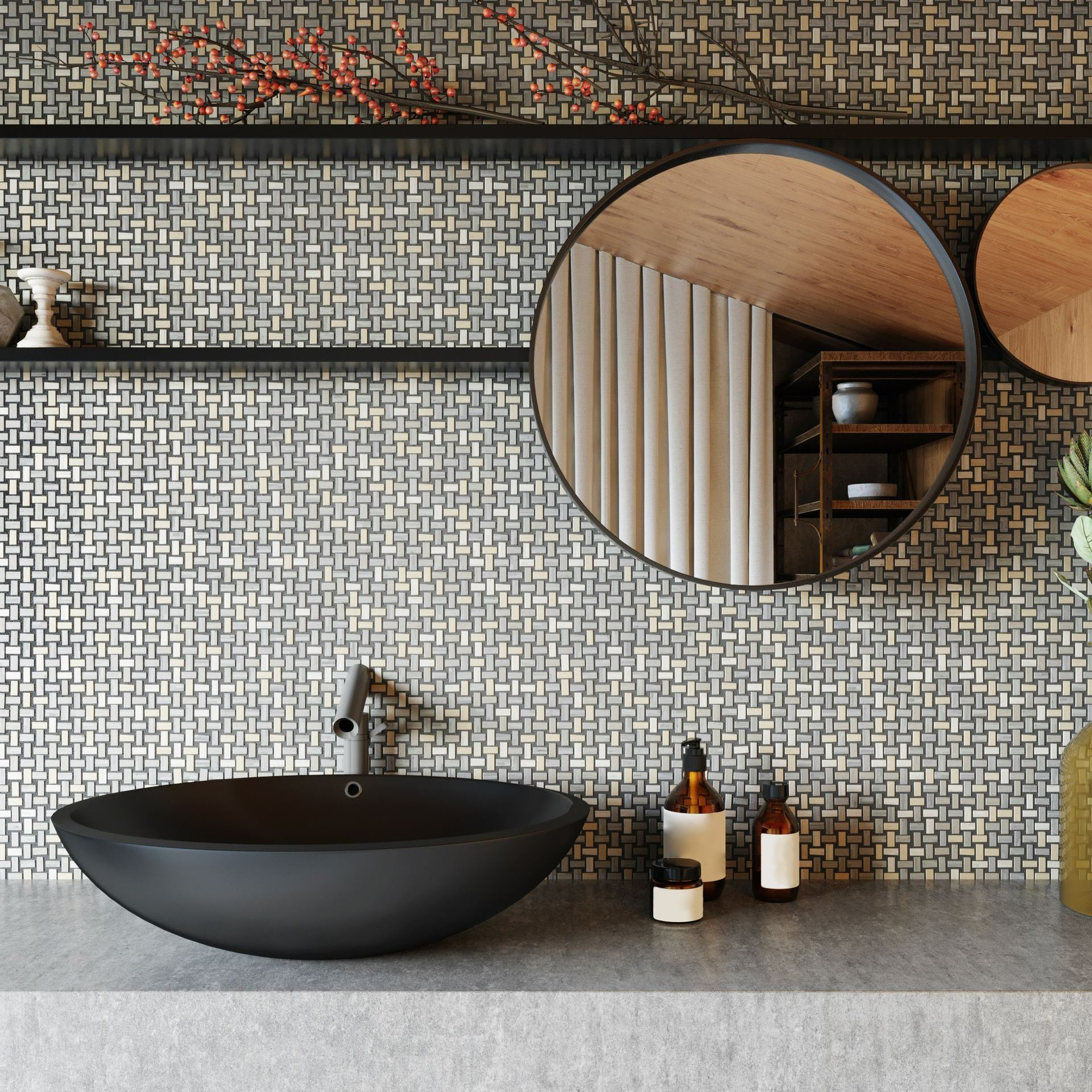 Salle de bains avec un mur carrelé et une vasque devant.