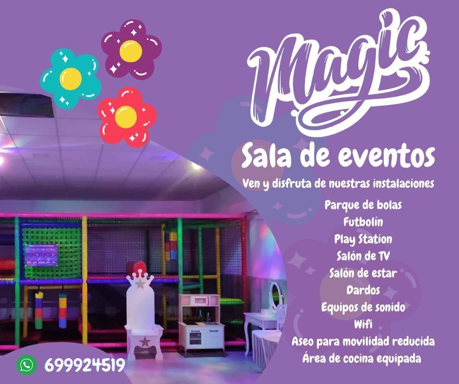 Un anuncio de sala de eventos mágica en español.