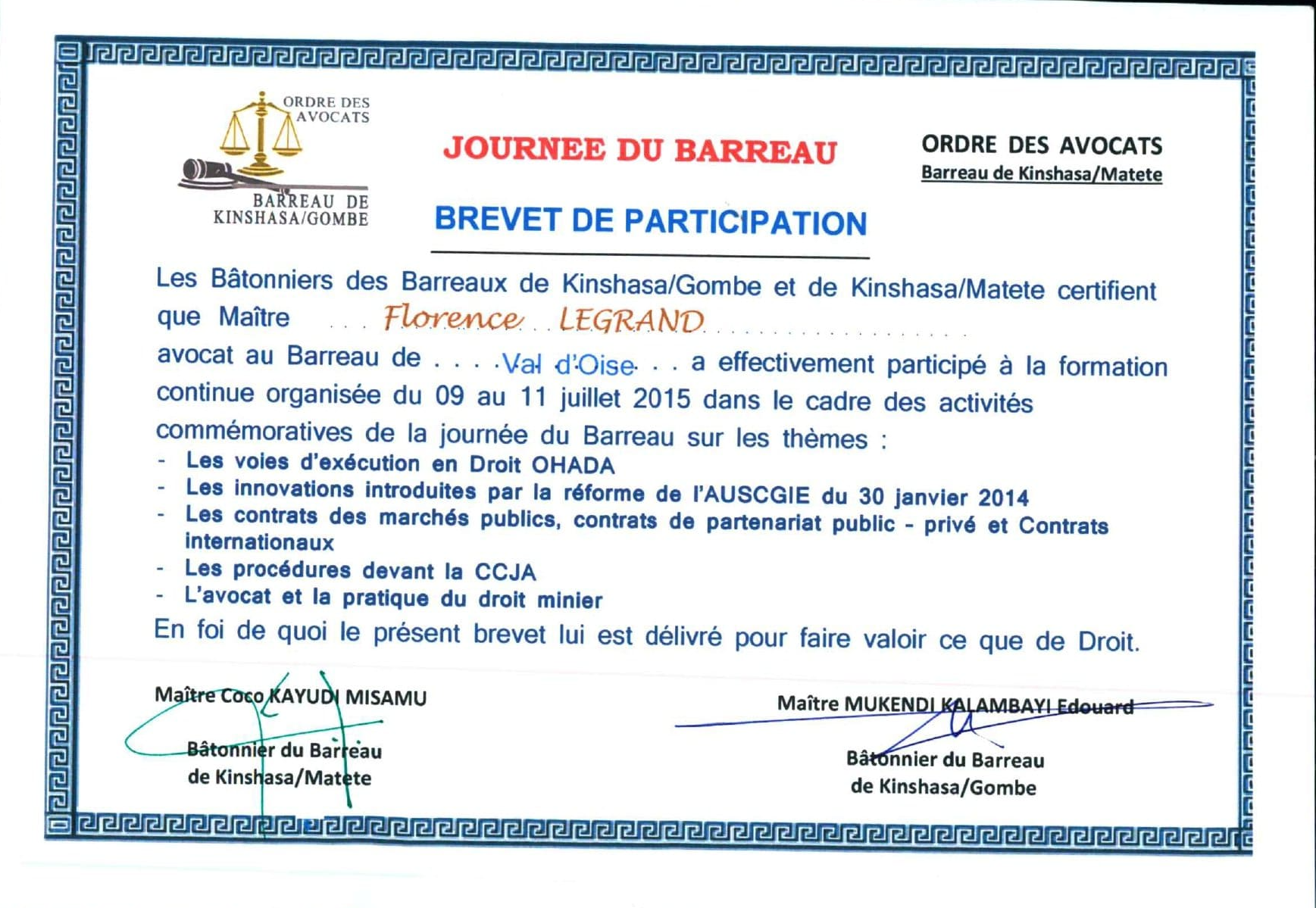 Brevet de participation à la formation continue