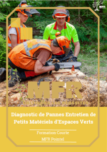 Trois personnes en tenue de sécurité travaillent sur une tronçonneuse ; texte : Diagnostic de Pannes Entretien...