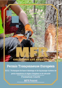 Personne utilisant une tronçonneuse sur un tronc d'arbre ; couverture d'un guide de formation.