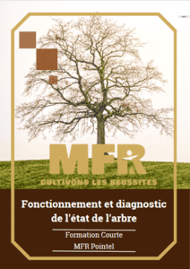 Couverture du livre avec un arbre, le texte MFR et un texte en français sur la santé des arbres et une courte formation.