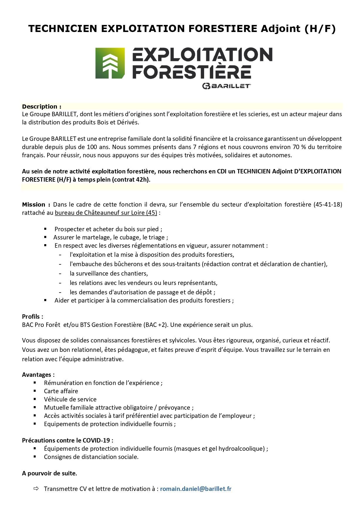 Fiche de poste Technicien exploitation forestière