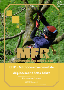 Couverture du livre : un arboriste dans un arbre, méthodes SRT. Texte : MFR, formation SRT, cultiver les succès.