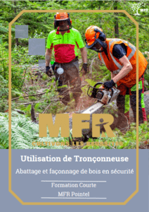 Deux personnes en tenue de sécurité utilisent une tronçonneuse en forêt. Le texte indique Utilisation de Tronconneuse.
