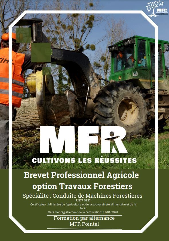 Affiche de formation forestière. Elle représente un travailleur et une machine forestière en action.