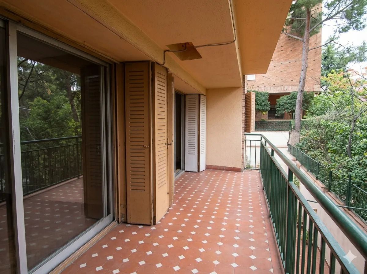 Balcón cubierto en el apartamento con suelo de baldosas de terracota, barandilla verde y puertas correderas de cristal.
