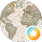 Icono de globo terráqueo con mapa del mundo de estilo vintage con superposición de océano azul y marcador de ubicación naranja.