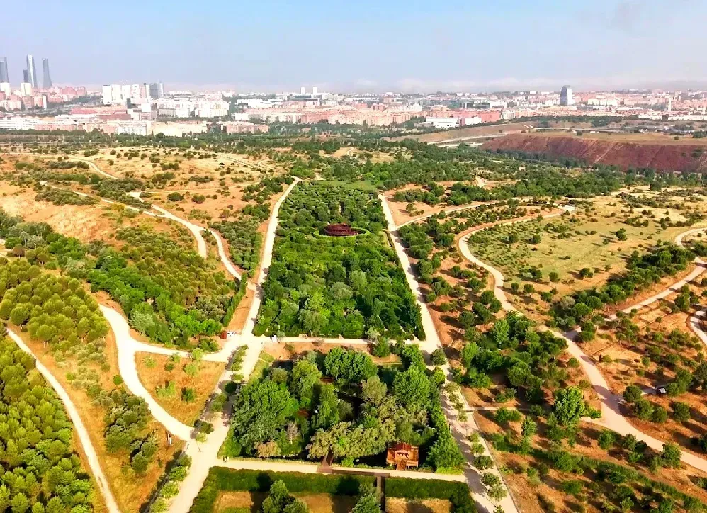 Vista aérea de un frondoso parque verde con senderos serpenteantes, rodeado de tierra firme y con el horizonte de una ciudad a lo lejos.