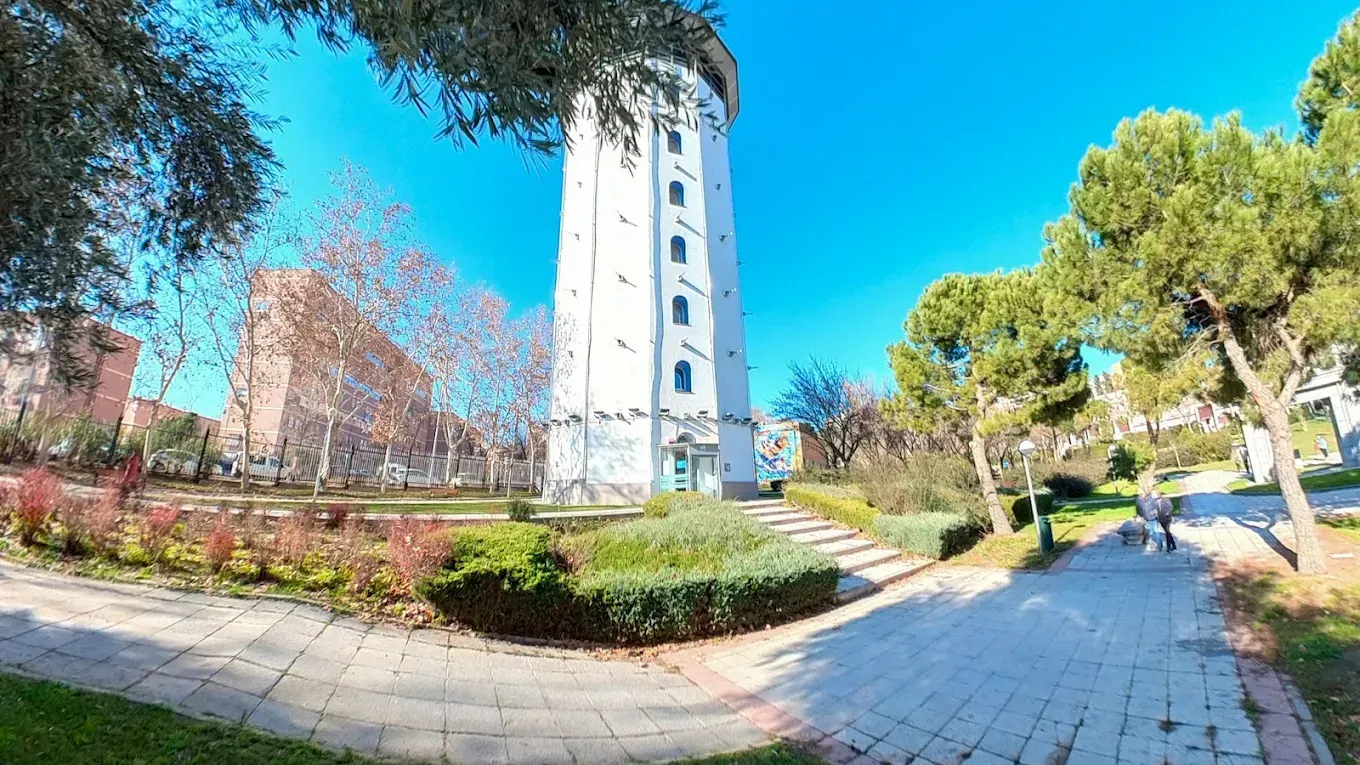 Un luminoso paseo por el campus, junto a una alta torre blanca, con árboles, arbustos y cielo azul.