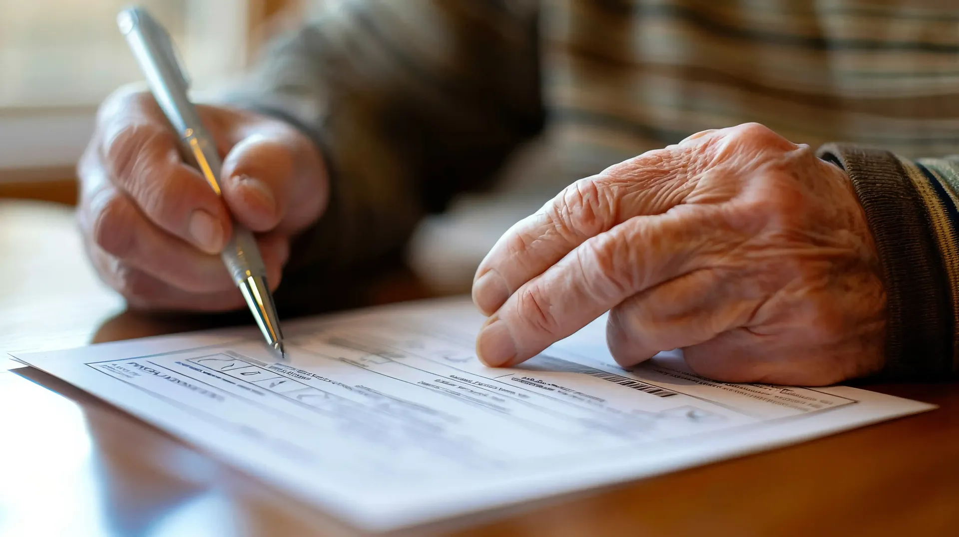 Manos escribiendo en un documento con un bolígrafo en un escritorio.