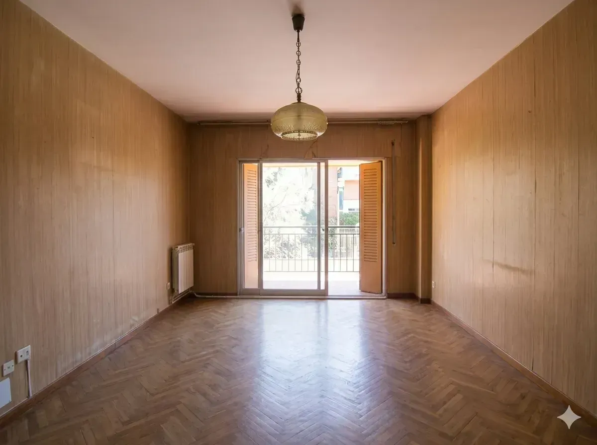 Habitación vacía con suelo de madera, paredes de color beige, una lámpara colgante y puertas de cristal que dan a un balcón.