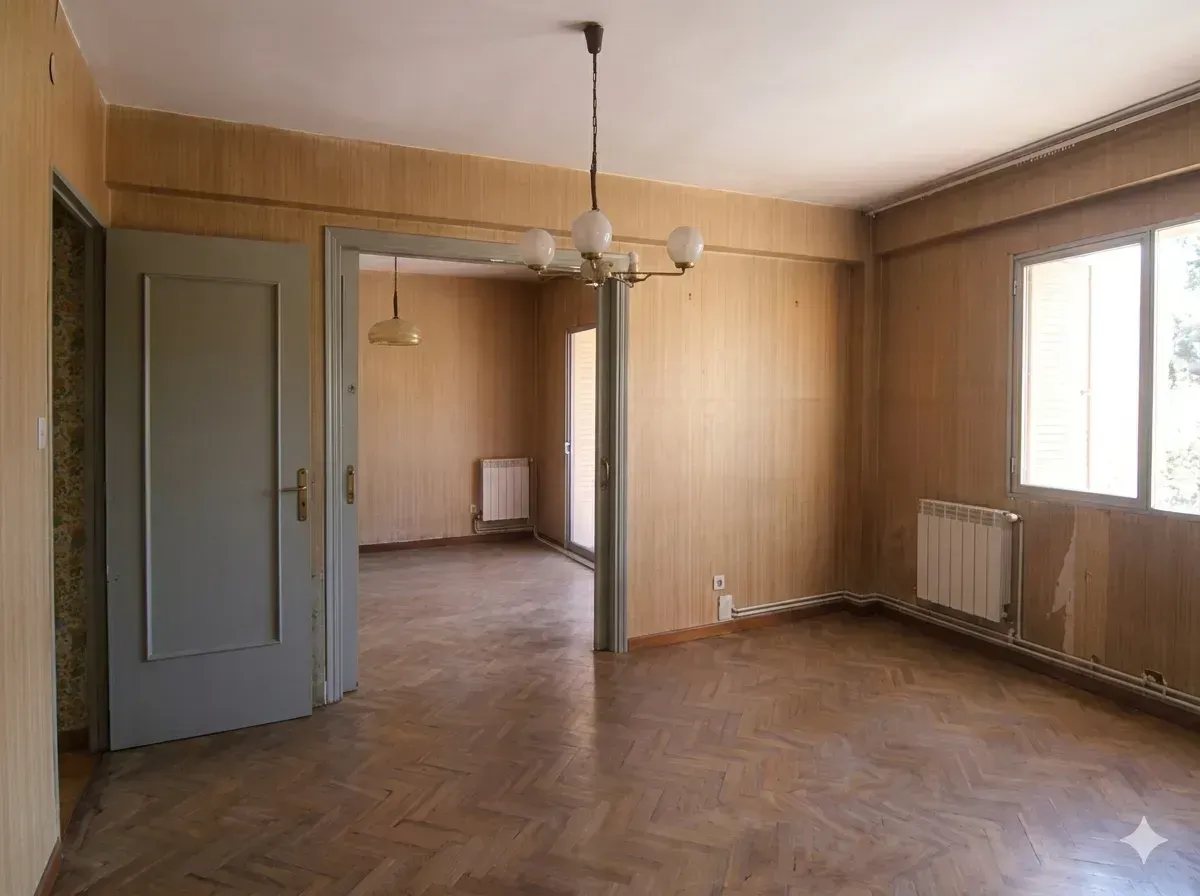 Habitación vacía con paneles de madera, suelo de parqué en espiga, puerta gris abierta, ventana y radiador.