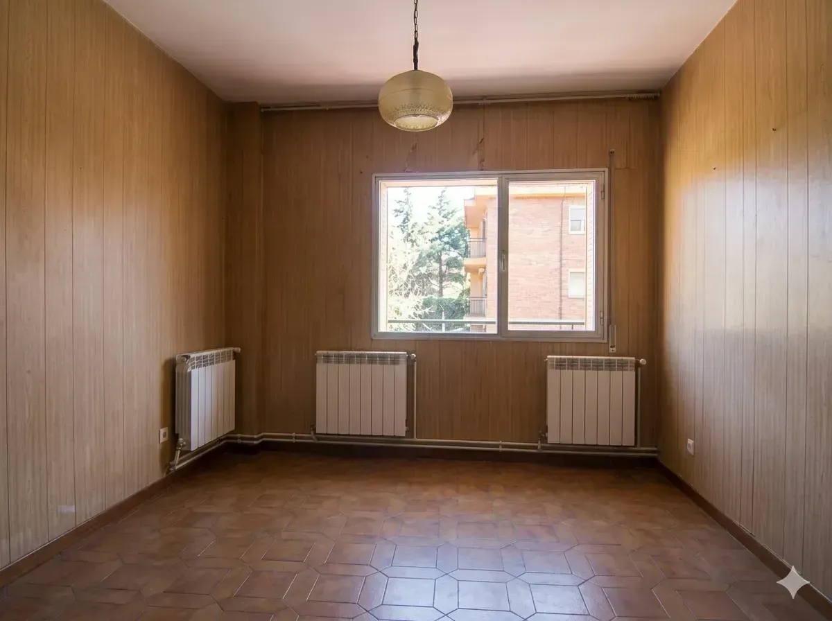 Habitación vacía con paneles de madera, una ventana, tres radiadores y una lámpara colgante.