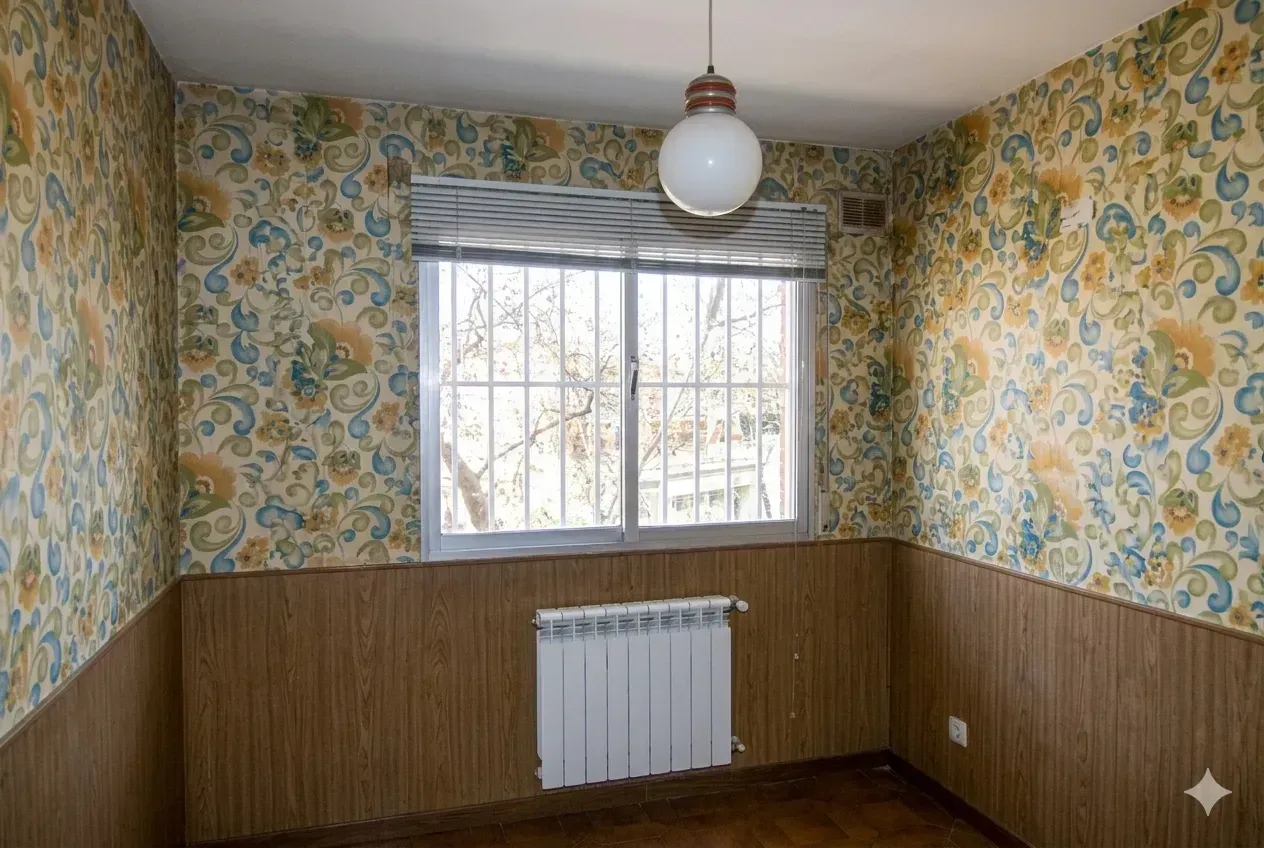 Habitación pequeña y vacía con papel pintado floral, revestimiento de madera, una ventana, un radiador y una lámpara colgante.