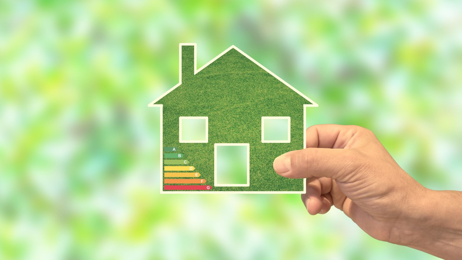 Une main tenant une maison de la couleur de l'herbe sur fond végétal avec le tableau des valeurs énergétiques