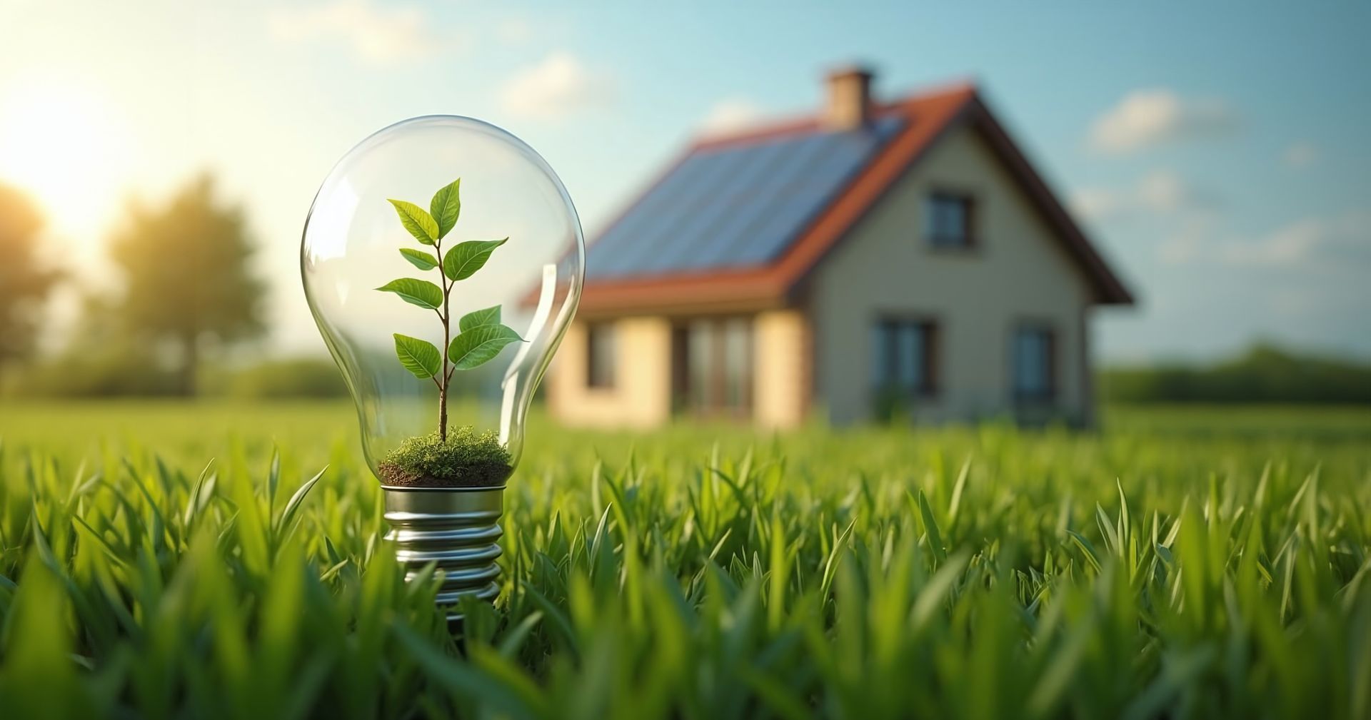 Une fleur dans une ampoule sur de l'herbe et en arrière-plan une maison floutée avec un panneau solaire