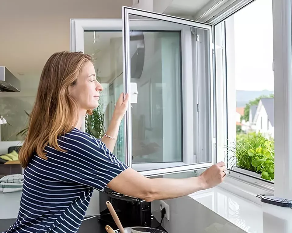 Eine Frau öffnet ein Fenster in einer Küche.