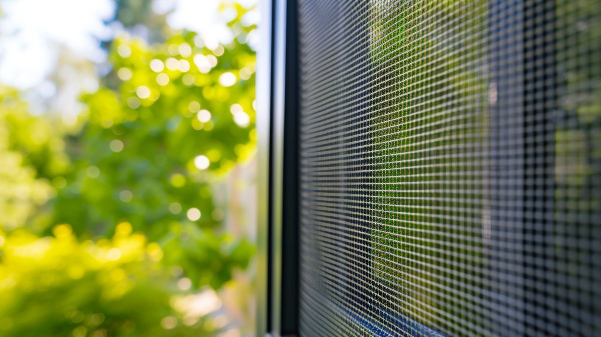 Eine Nahaufnahme eines Moskitonetzes an einem Fenster mit Bäumen im Hintergrund.