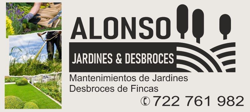 Logotipo para Alonso Jardines & Desbroces, con im&aacute;genes de trabajos de jardiner&iacute;a y un n&uacute;mero de tel&eacute;fono.