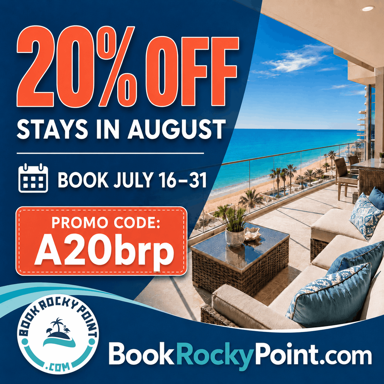 20% off stays in August at beachfront resort, book July 16–31, promo code A20brp