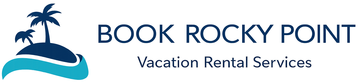 Logo for Book Rocky Point vacation rentals, featuring a palm tree on an island with waves, and text.