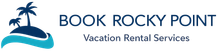 Logo for Book Rocky Point vacation rentals, featuring a palm tree on an island with waves, and text.
